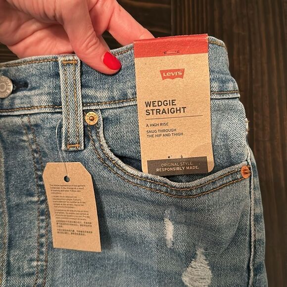 Levi’s Womens High Rise Wedgie Straight Leg Raw Hem Denim Blue Jeans - Picture 9 of 12
